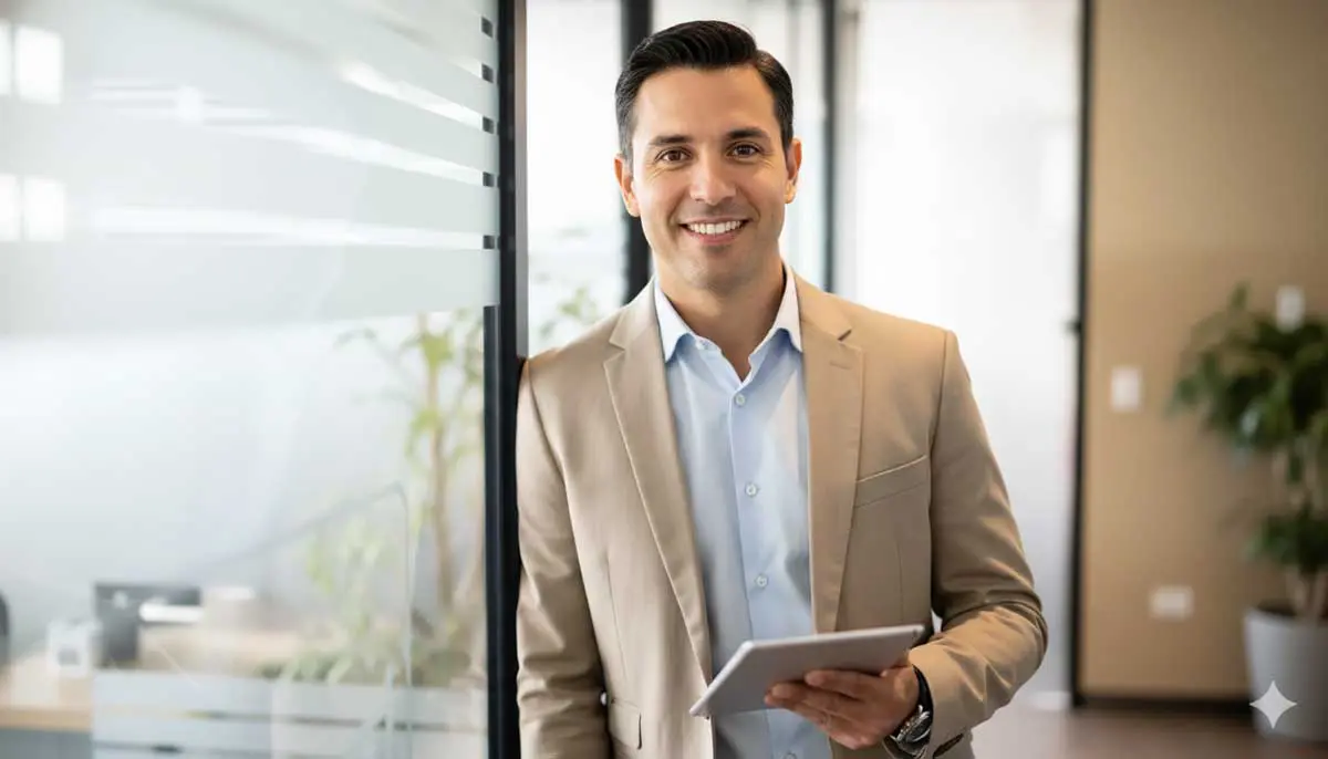 Man smiling holding an ipad with Portfolio Plus