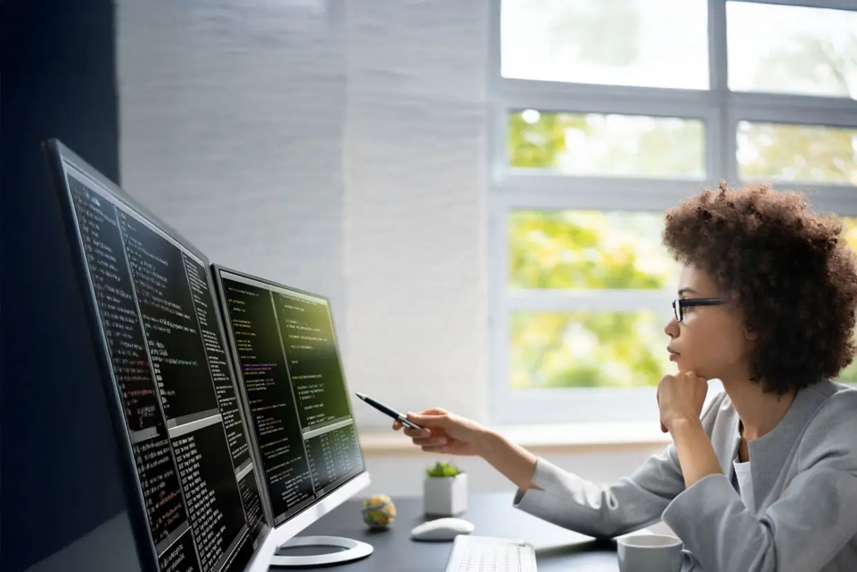 Portfolio+ lending on screen with woman looking