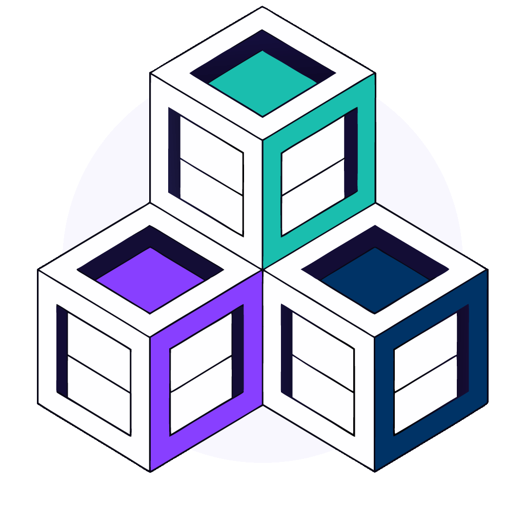 Three cubes representing composable modular core banking architecture.