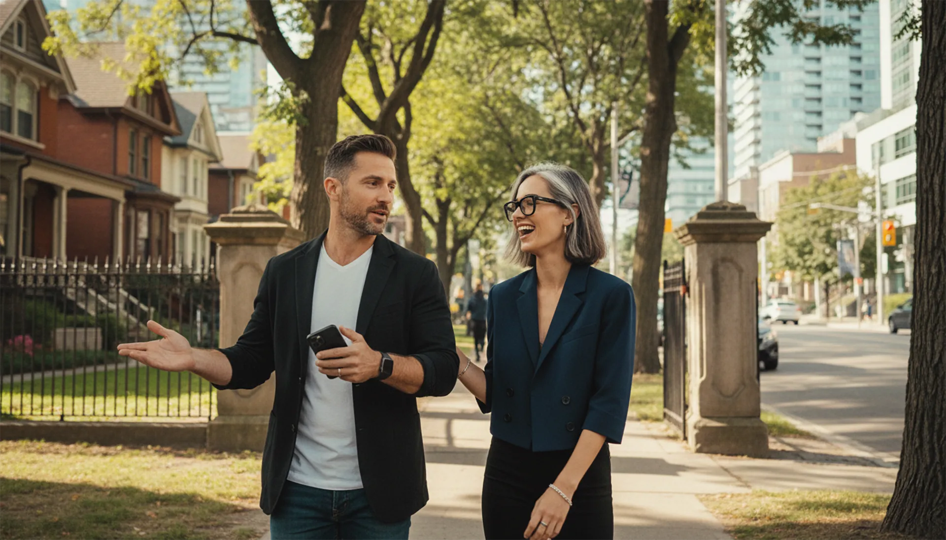 CTO of Toronto bank walks with finance director to discuss the incredible rise in the interest of term deposits and GICs in Canada in the early 2020s in a historic park in downtown Toronto.