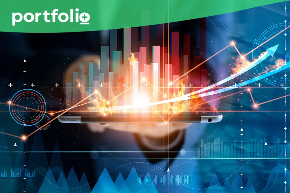 A bank professional in GIC investments holding tablet with graphs signifying growth.