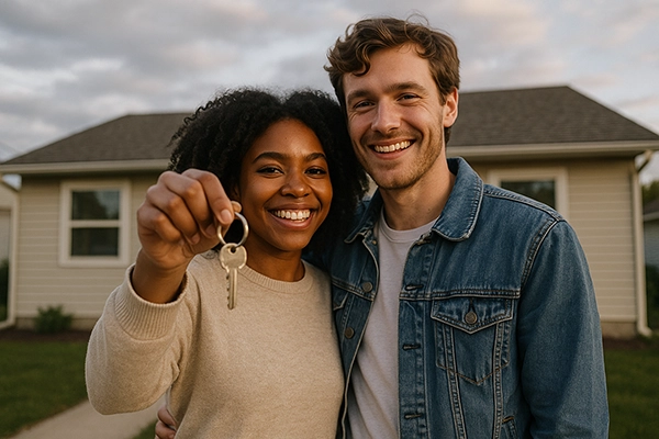 A young couple in front of their first home that they saved for using a FHSA at a Canadian credit union.