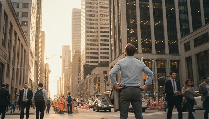 Bank deposit executive stands on busy Bay Street in Toronto in the early morning light looking up at the tall office buildings of the financial district.