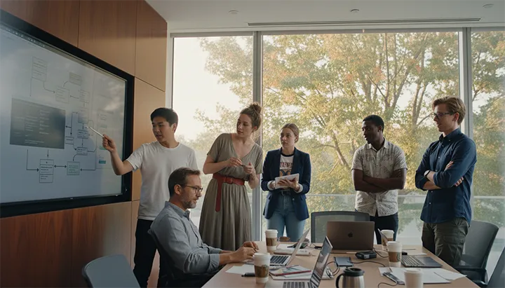 Group of software developers discuss API-based integration in active banking implementation meeting.