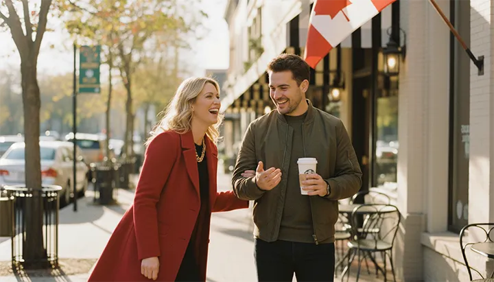 Financial advisor meets on downtown streets of Port Perry to discuss deposit options with investor holding coffee.