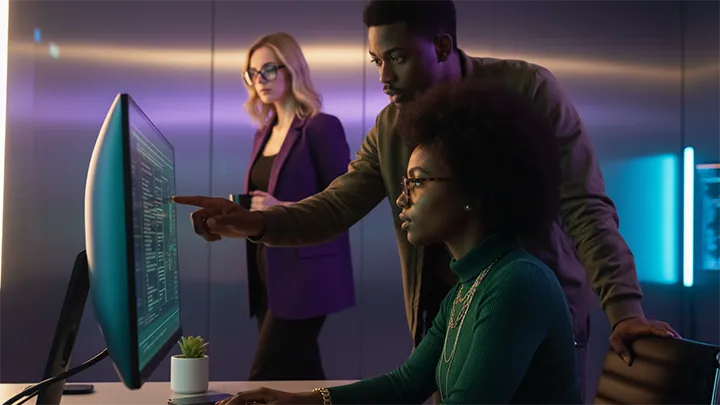 Two developers work on the code for an automated GIC and term deposit solution in the dimly lit office of a core banking software firm.