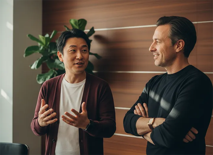 Lead developer and product manager discuss new features of composable GIC solution in wood-panelled boardroom.