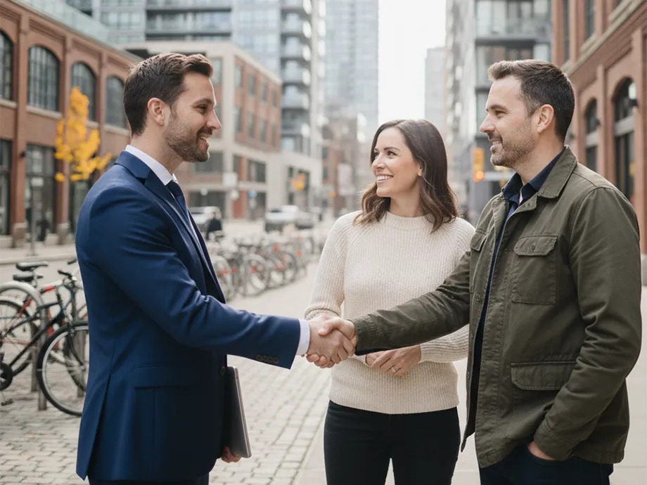 Deposit broker meets to discuss GICs with Canadians on street in Toronto's Liberty Village.