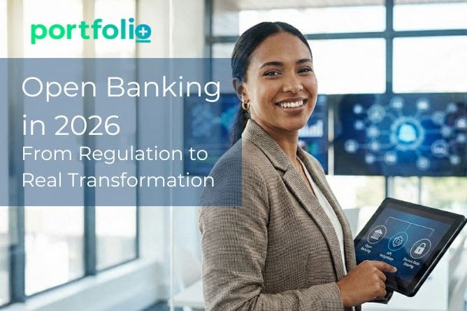 Banner of Open Banking 2026 blog with woman smiling holding an ipad