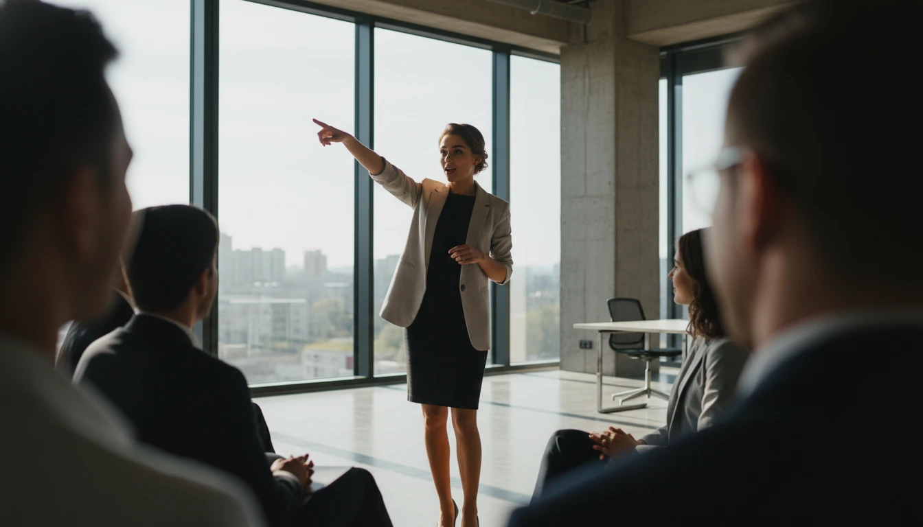 A professional woman in a blazer leading a corporate meeting and pointing toward a city skyline through large office windows.