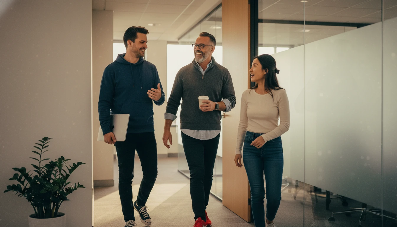 Three diverse colleagues in casual attire walking through a modern office hallway, smiling and engaging in a collaborative discussion.