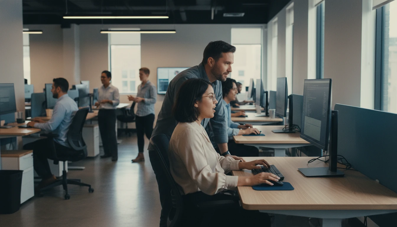 CoreOps Service experts reviewing data on a computer screen to optimize business workflows and team productivity.