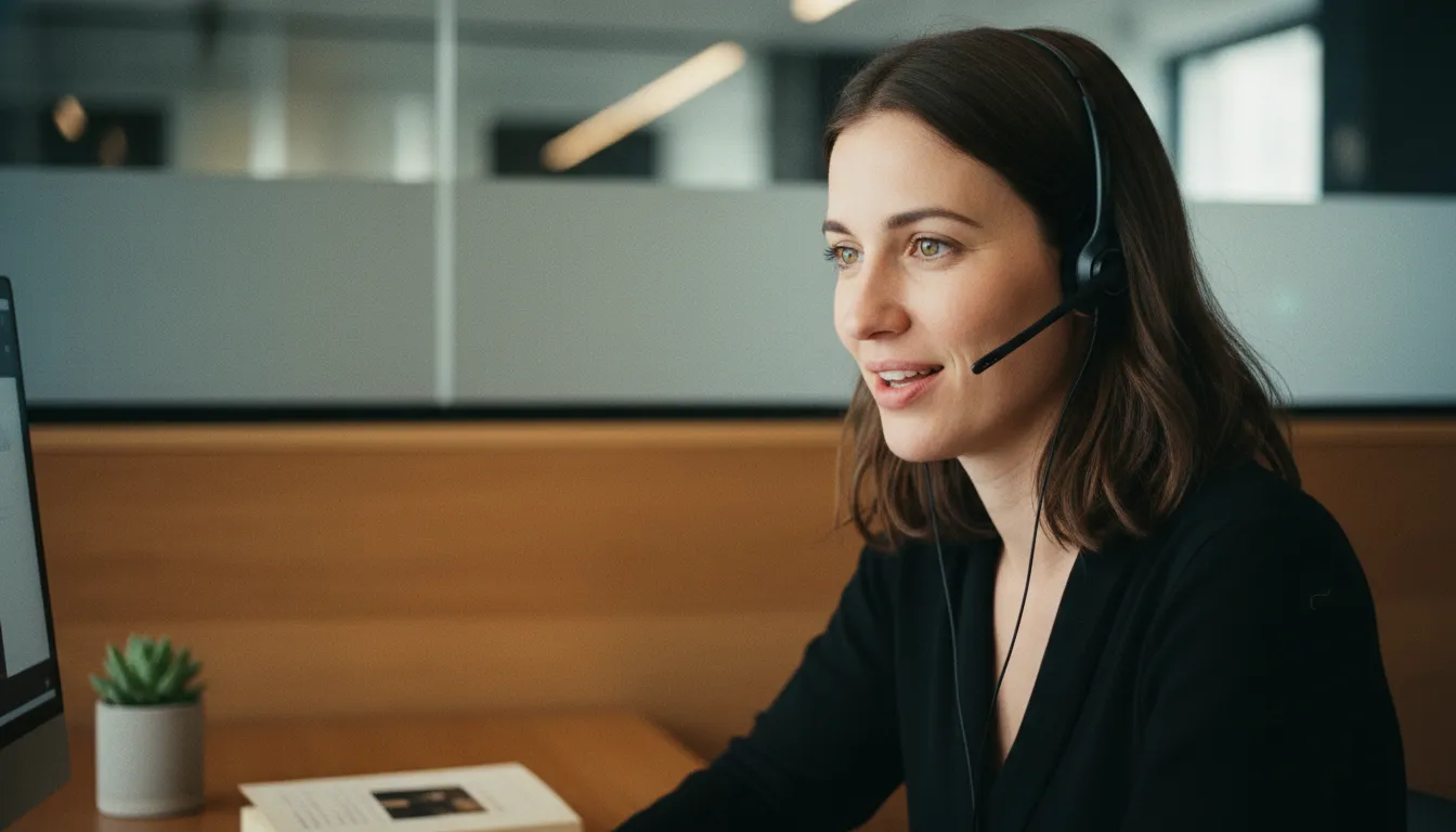 Premier support specialist providing expert financial technology assistance via headset.