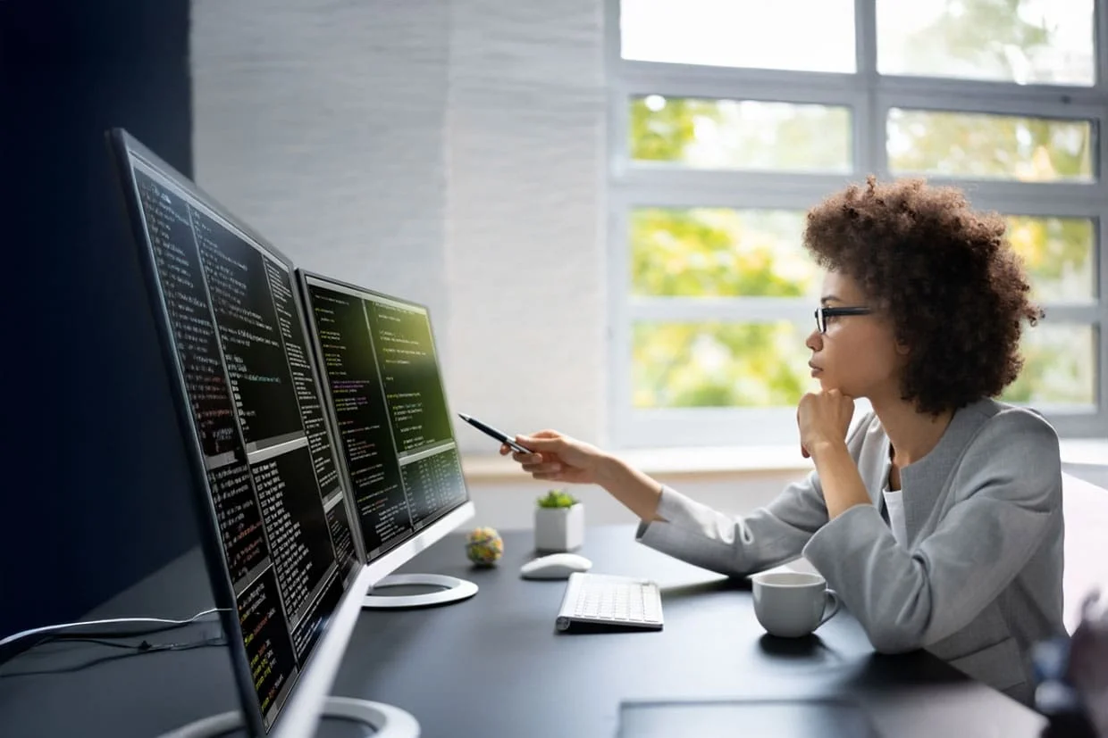 Women Looking at Portfolio+ Lending code